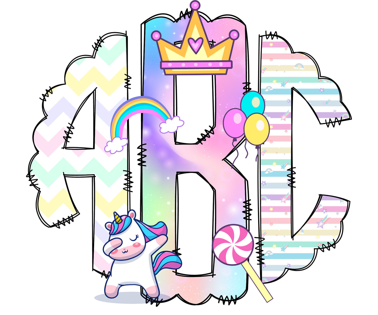 Unicorn Rainbow Monogram Letters, Cute Sublimation PNG Elements Hand Drawn Doodle Alpha Bundle, Unicorn Sublimation Font PNG