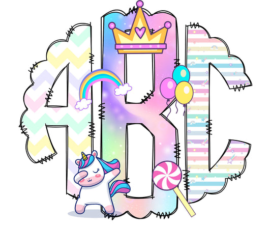 Unicorn Rainbow Monogram Letters, Cute Sublimation PNG Elements Hand Drawn Doodle Alpha Bundle, Unicorn Sublimation Font PNG