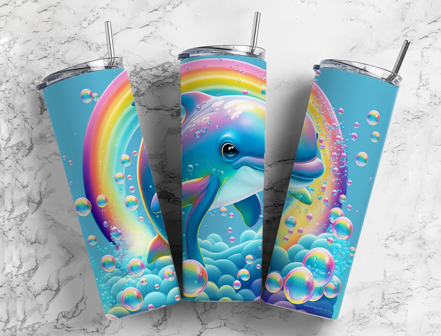 Alcohol Ink Dolphin 20oz Sublimation Tumbler Designs, Ocean Rainbow 9.2 x 8.3” Straight Skinny Tumbler Wrap PNG, Sublimation Design PNG