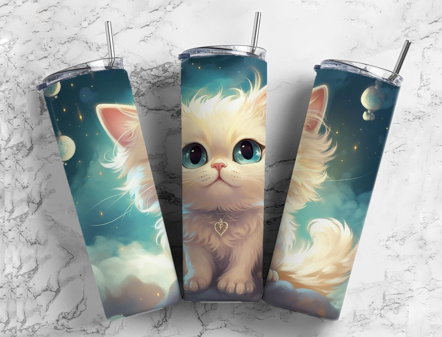 White cat 20oz Sublimation Tumbler Designs, Baby kitten 9.2 x 8.3” Straight Skinny Tumbler Wrap PNG