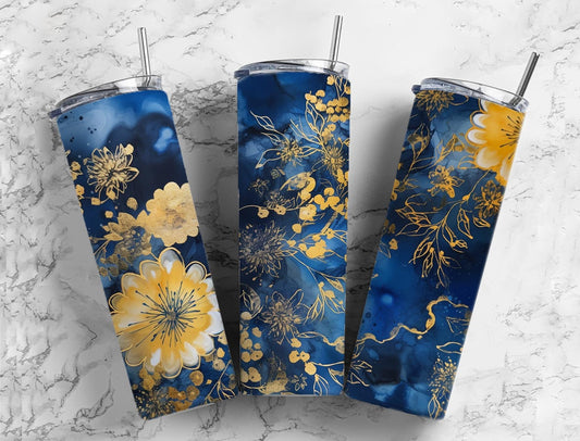 Alcohol ink flowers 20oz Sublimation Tumbler Designs, Gold floral 9.2 x 8.3” Straight Skinny Tumbler Wrap PNG