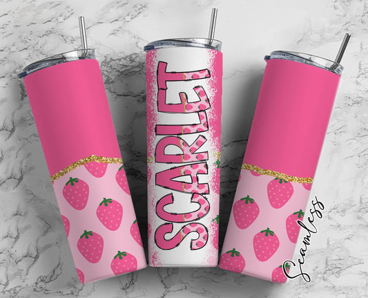 Pink Strawberry Tumbler Wrap with Matching Doodle Letter Alphabet PNG, Aesthetic Fruit Add your Own name 20oz Tumbler, Alpha Set PNG 912