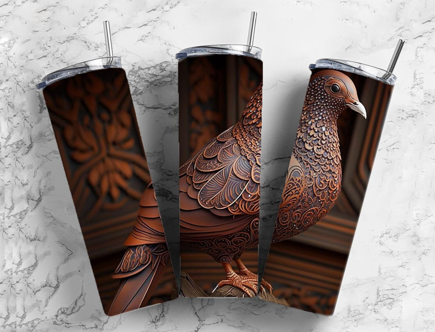 Tooled leather pigeon 20oz Sublimation Tumbler Designs, Engraved leather 9.2 x 8.3” Straight Skinny Tumbler Wrap PNG