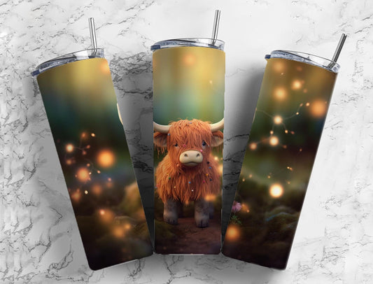 baby highland cow 20oz Sublimation Tumbler Designs, fireflies bokeh 9.2 x 8.3” Straight Skinny Tumbler Wrap PNG