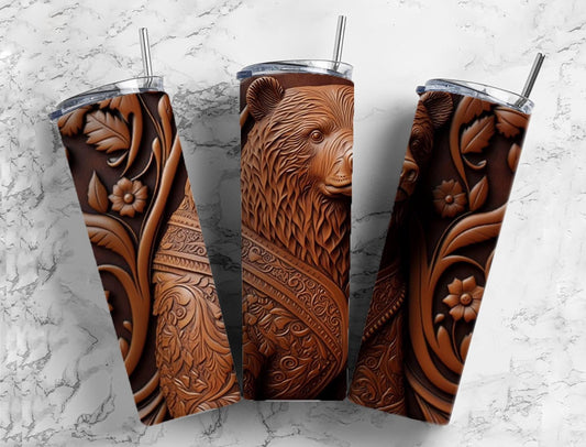 Tooled leather bear 20oz Sublimation Tumbler Designs, Engraved leather 9.2 x 8.3” Straight Skinny Tumbler Wrap PNG (2023-04-18 14.23.45)