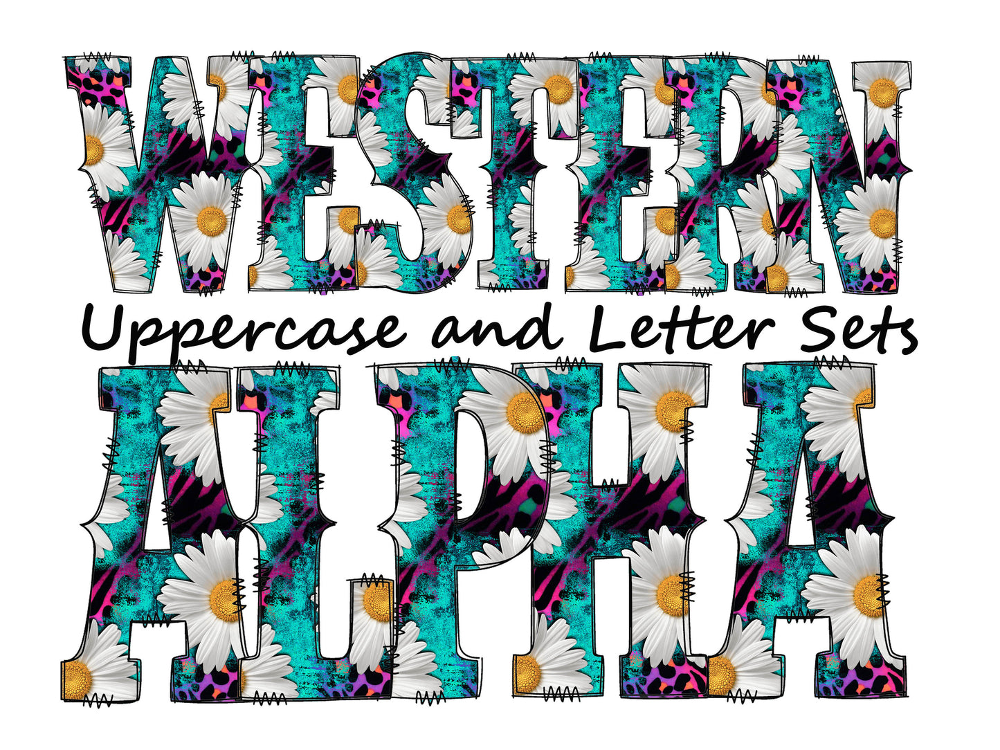 Turquoise daisy Doodle Letters Western Alphabet, Pink leopard print Alphabet PNG, Entire Doodle Alphabet Uppercase and Numbers PNG