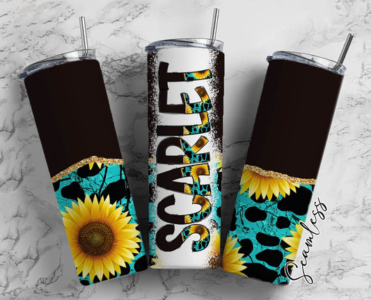 Black Turquoise Sunflower 20oz Tumbler Wrap with Matching Doodle Letter Alphabet PNG33