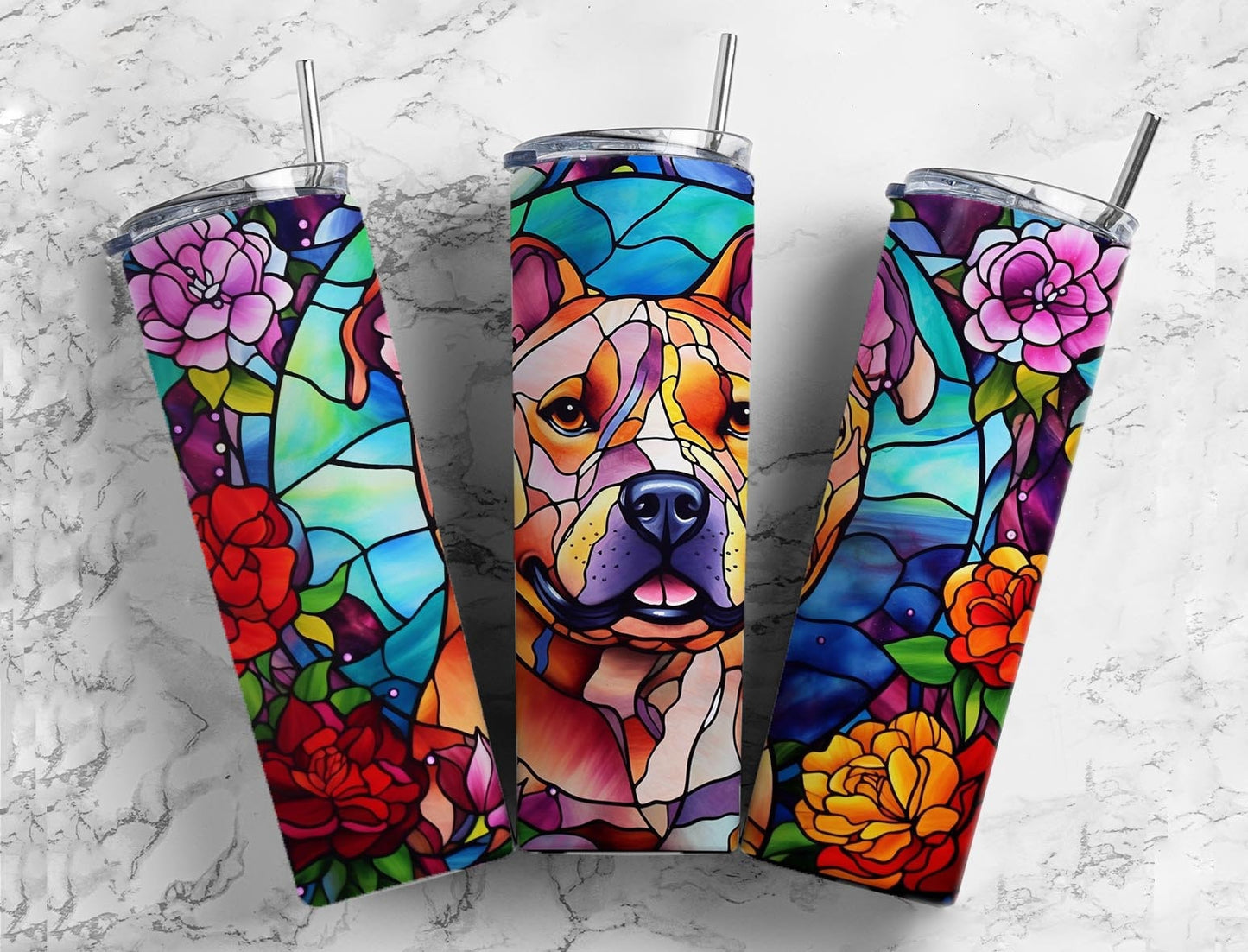 Staffordshire terrier floral 20oz Sublimation Tumbler Designs, Stained glass 9.2 x 8.3” Straight Skinny Tumbler Wrap PNG (2023-04-18 10.24.28)