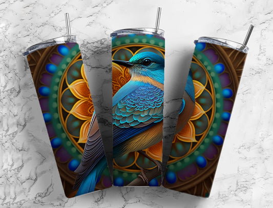 Blue bird 20oz Sublimation Tumbler Designs, Floral patterned background 9.2 x 8.3” Straight Skinny Tumbler Wrap PNG