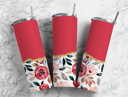 Watercolor floral 20oz Sublimation Tumbler Designs, Red and gold 9.2 x 8.3” Straight Skinny Tumbler Wrap PNG