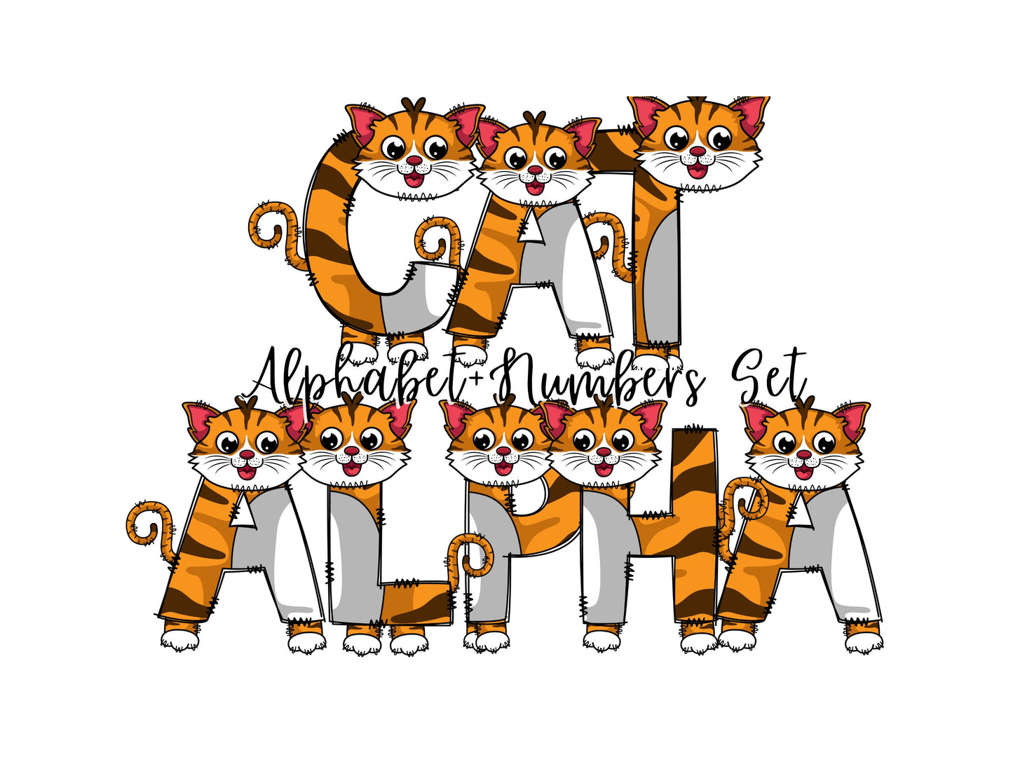 Ginger Cat Kitten Doodle Letters, Kitty Alphabet, Cat Alphabet PNG, Entire Doodle Alphabet Uppercase Lowercase Numbers PNG, Lion Tiger png