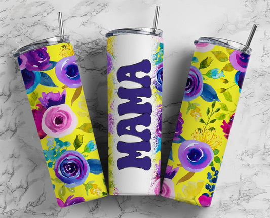 Purple yellow Flower 20oz Sublimation Tumbler Designs, Retro Mama 9.2 x 8.3” Straight Skinny Tumbler Wrap PNG, Mom Tumbler