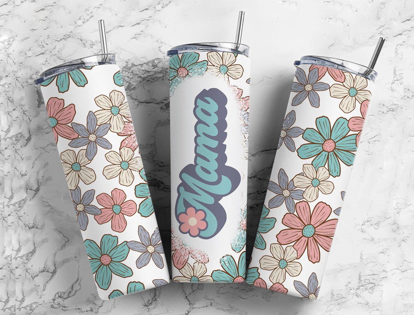 Retro Mama 20oz Sublimation Tumbler Designs, Mom Aesthetic Floral 9.2 x 8.3” Straight Skinny Tumbler Wrap PNG 36