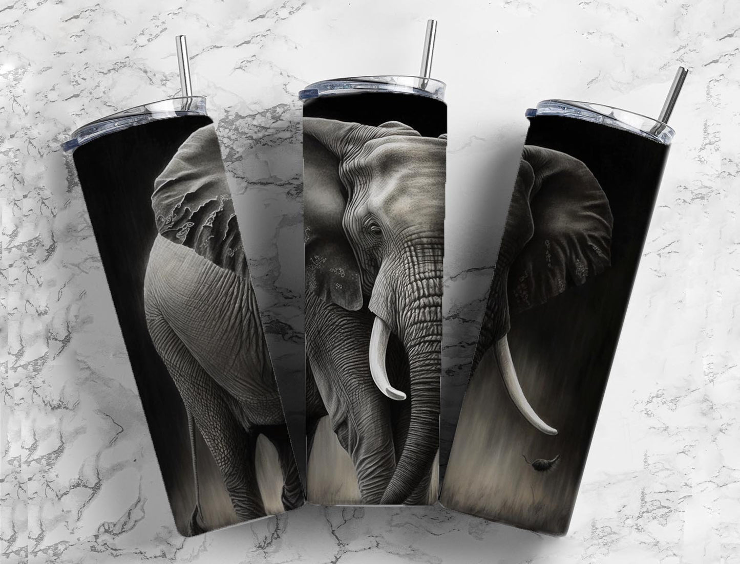 Africa Elephant 20oz Sublimation Tumbler Designs, Charcoal Painting 9.2 x 8.3” Straight Skinny Tumbler, Tumbler Wrap PNG