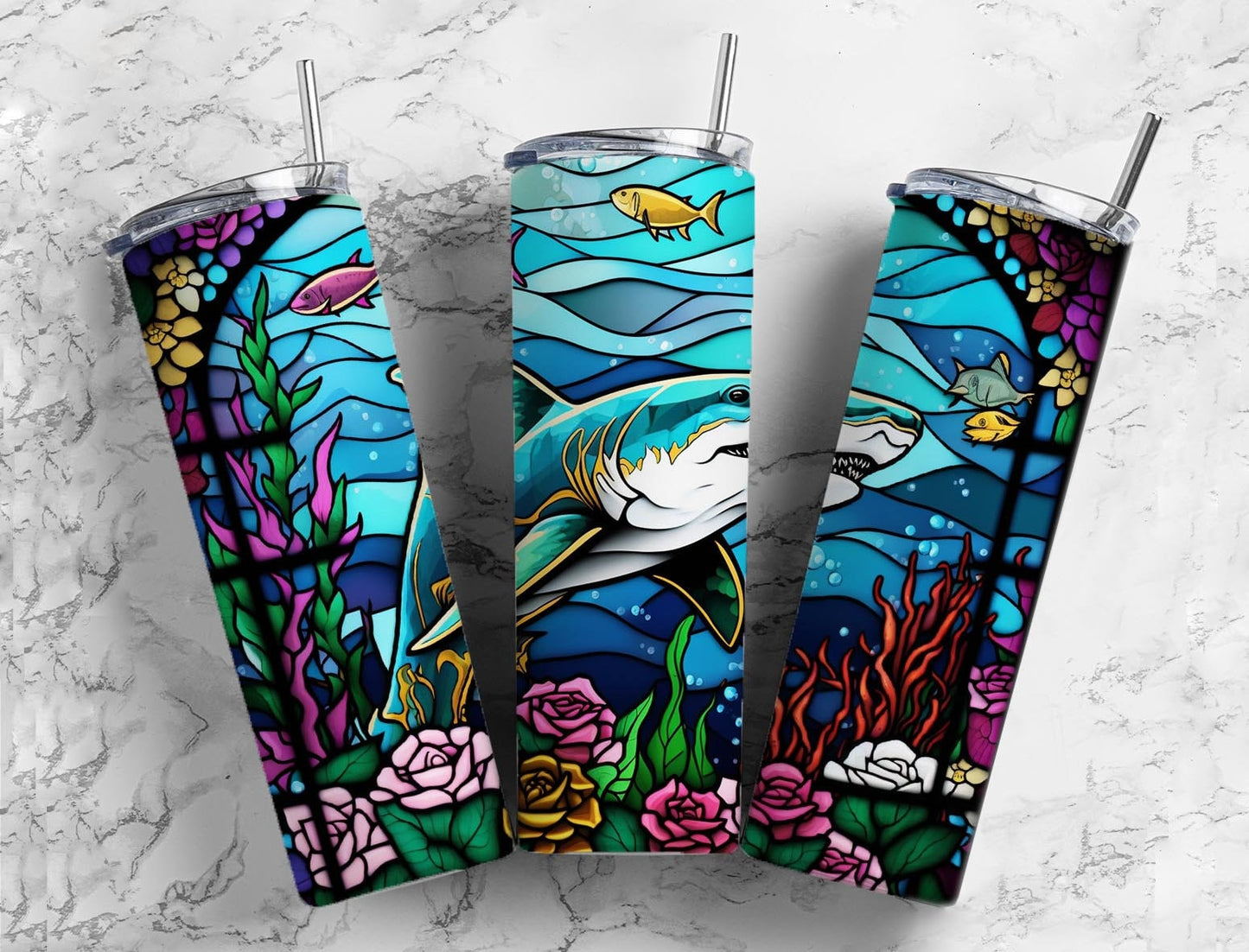 Stained glass shark 20oz Sublimation Tumbler Designs, Rainbow neon 9.2 x 8.3” Straight Skinny Tumbler Wrap