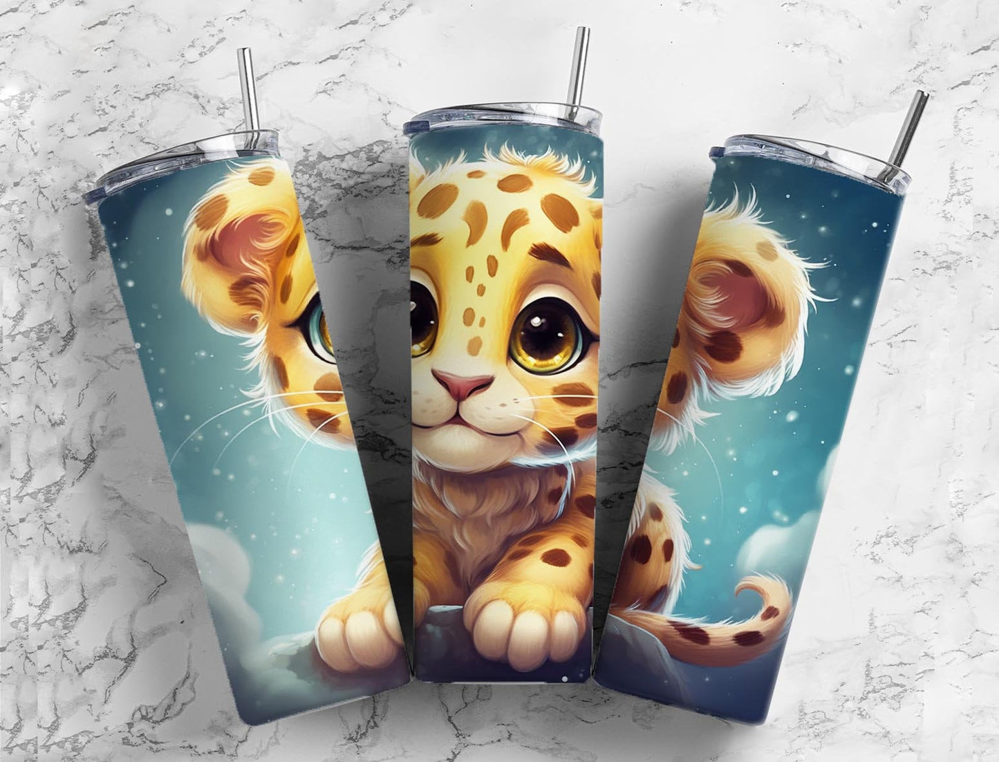 Baby leopard 20oz Sublimation Tumbler Designs, cartoon elephant 9.2 x 8.3” Straight Skinny Tumbler Wrap PNG