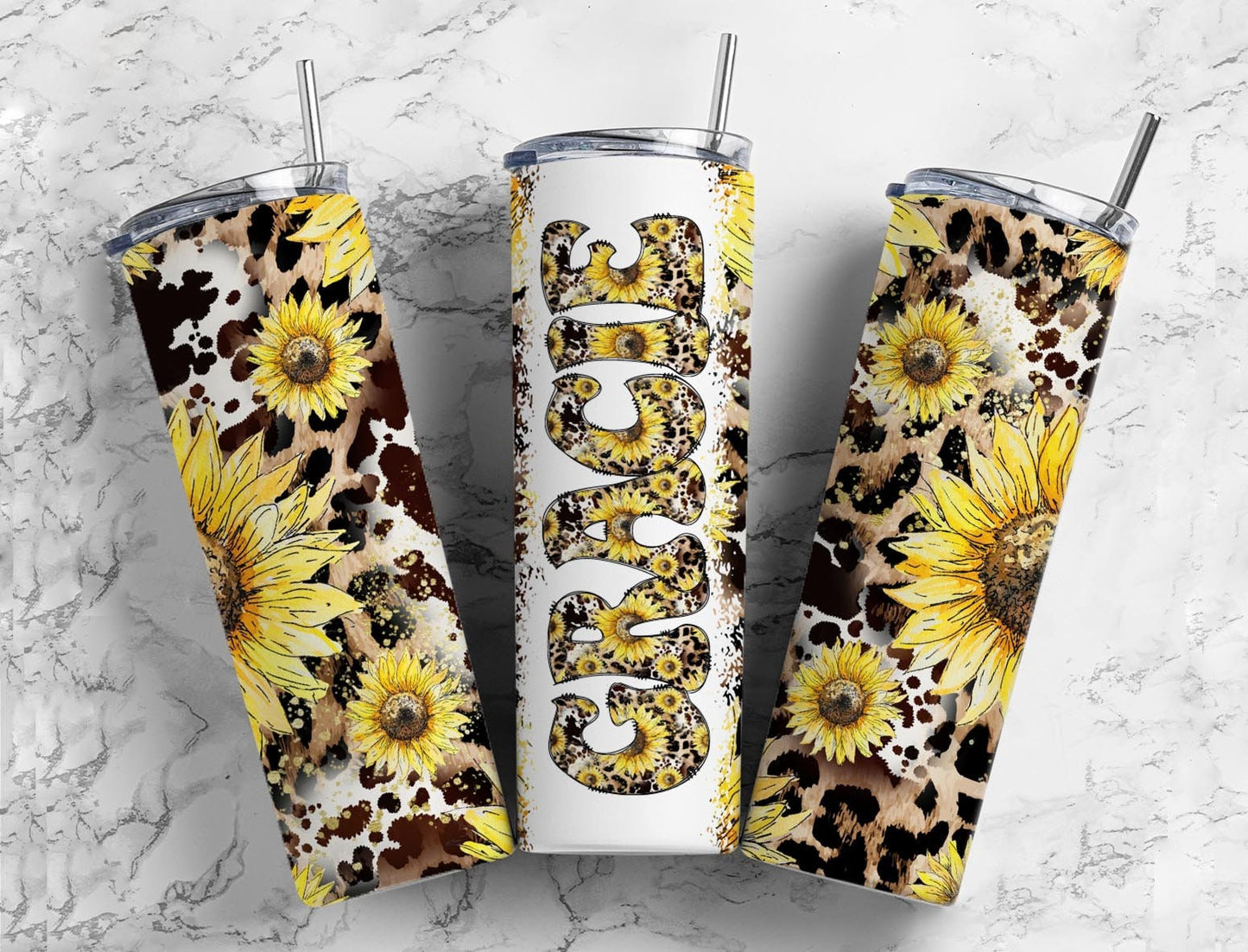 Sunflower Cow 20oz Tumbler Wrap with Matching Retro Doodle Letter Alphabet PNG, Leopard Add your Own name Tumbler, Retro Alpha Set PNG