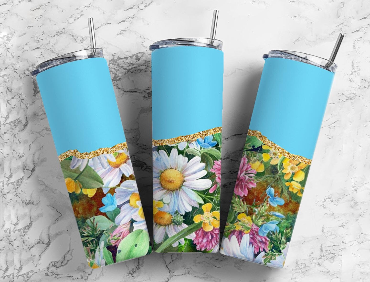 Boho Floral 20oz Sublimation Tumbler Designs, Agate Glitter Blue 9.2 x 8.3” Straight Skinny Tumbler Wrap PNG