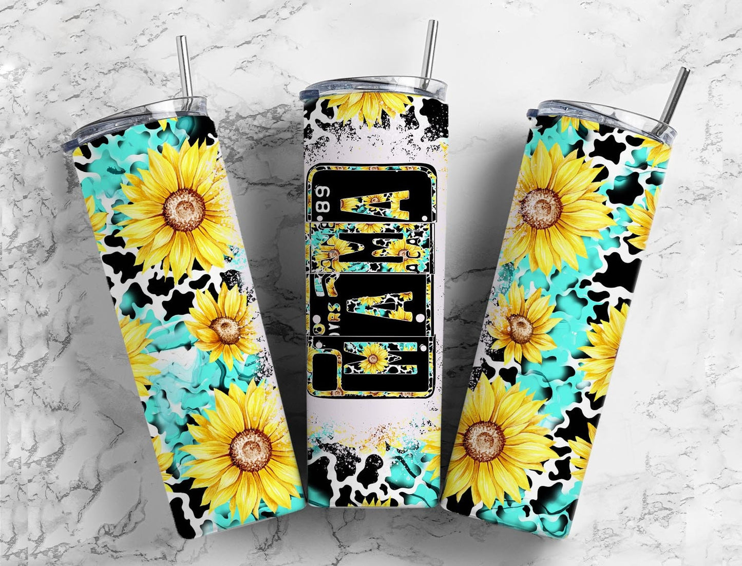 Turquoise Sunflower 20oz Sublimation Tumbler Designs, Mama Number Plate9.2 x 8.3” Straight Skinny Tumbler, Tumbler Wrap PNG