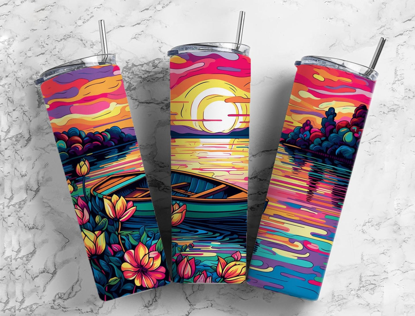 Colorful river sunset 20oz Sublimation Tumbler Designs, wooden boat 9.2 x 8.3” Straight Skinny Tumbler Wrap PNG