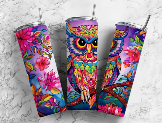 Cartoon owl 20oz Sublimation Tumbler Designs, Colorful floral 9.2 x 8.3” Straight Skinny Tumbler Wrap PNG