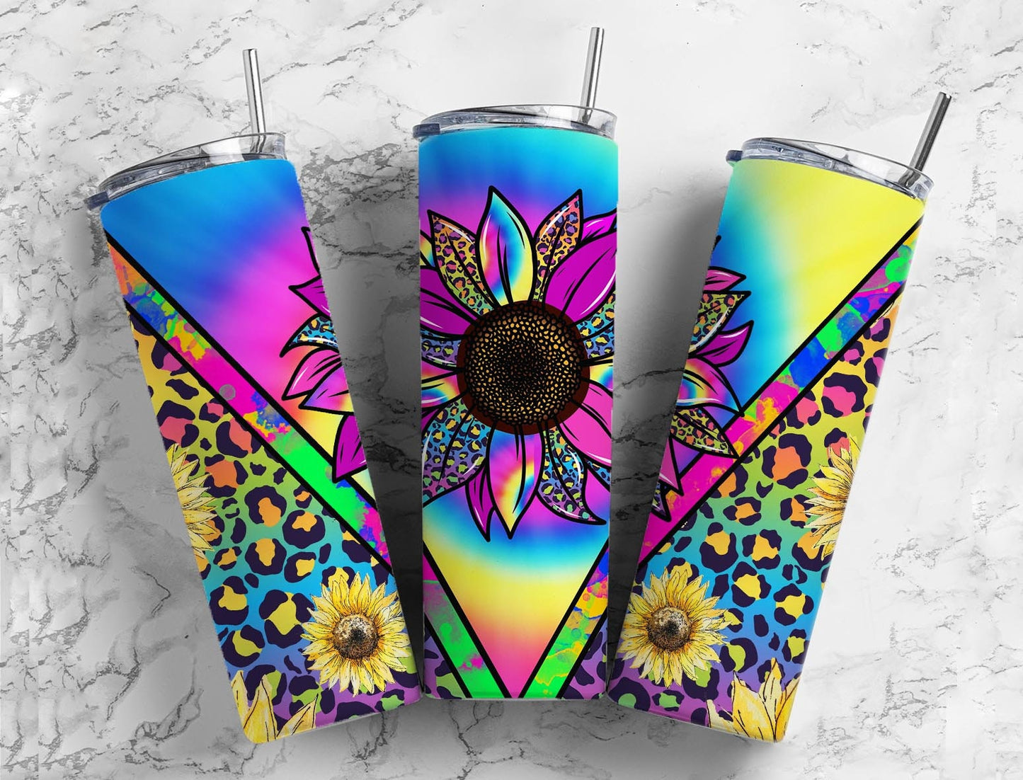 Sunflower Tye Die 20oz Sublimation Tumbler Designs, Western Leopard Print 9.2 x 8.3” Straight Skinny Tumbler Wrap PNG, Sublimation design