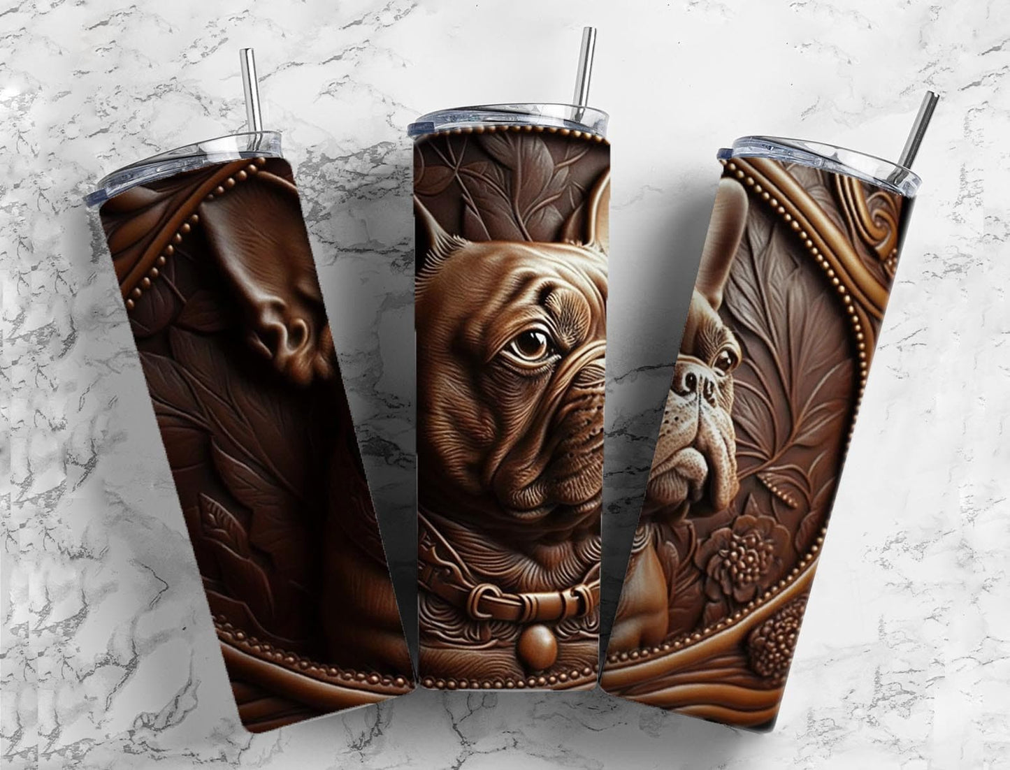 Tooled leather French bulldog 20oz Sublimation Tumbler Designs, Engraved leather 9.2 x 8.3” Straight Skinny Tumbler Wrap PNG