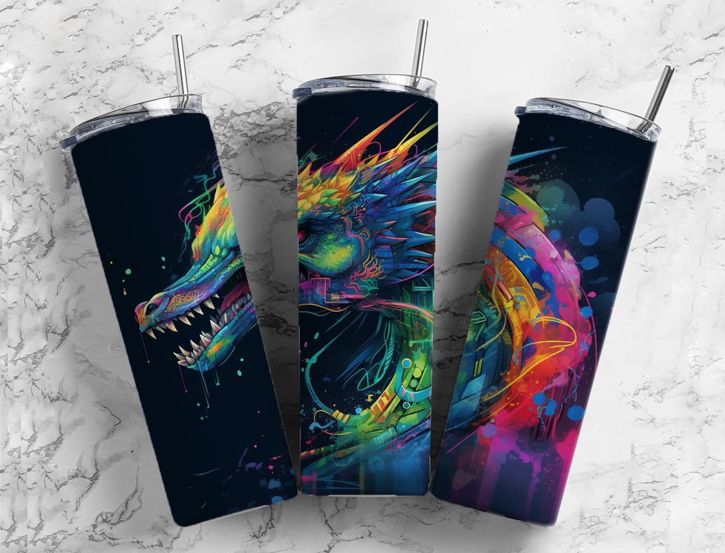 Rainbow dragon 20oz Sublimation Tumbler Designs, Paint splatter 9.2 x 8.3” Straight Skinny Tumbler Wrap PNG