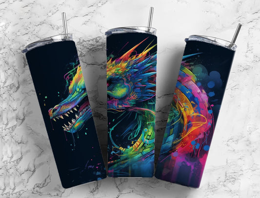 Rainbow dragon 20oz Sublimation Tumbler Designs, Paint splatter 9.2 x 8.3” Straight Skinny Tumbler Wrap PNG