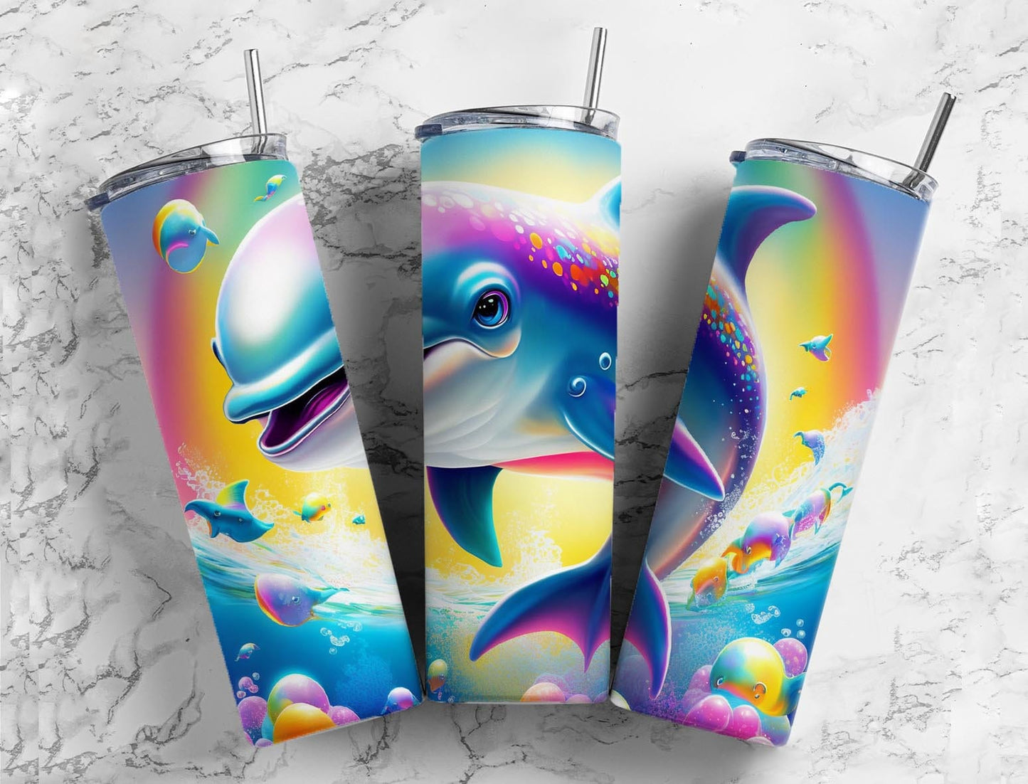 Cartoon dolphin 20oz Sublimation Tumbler Designs, Ocean waves 9.2 x 8.3” Straight Skinny Tumbler Wrap PNG