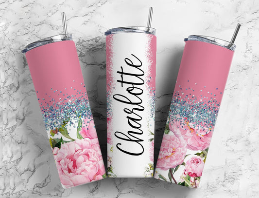 Pink floral 20oz Sublimation Tumbler Designs, Glitter flower 9.2 x 8.3” Straight Skinny Tumbler Wrap PNG