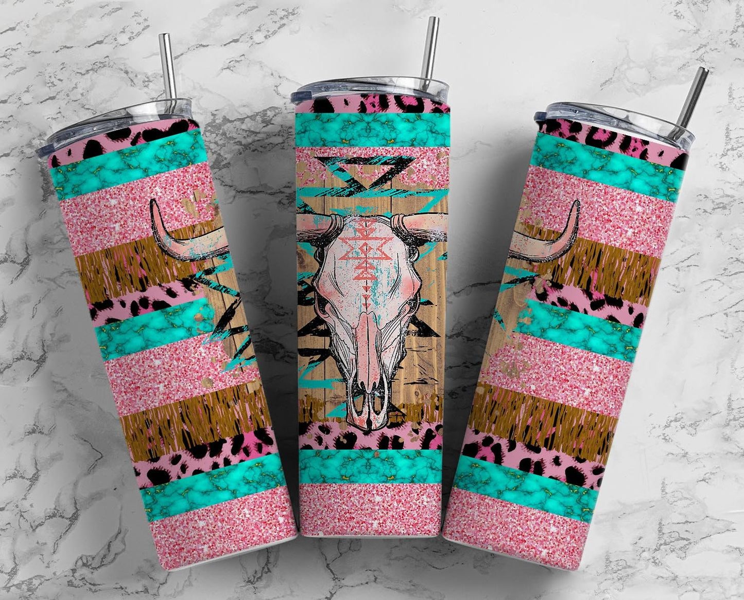 Bull Skull 20oz Sublimation Tumbler Designs, Pink Tassel 9.2 x 8.3” Straight Skinny Tumbler, Leopard Print Wrap PNG