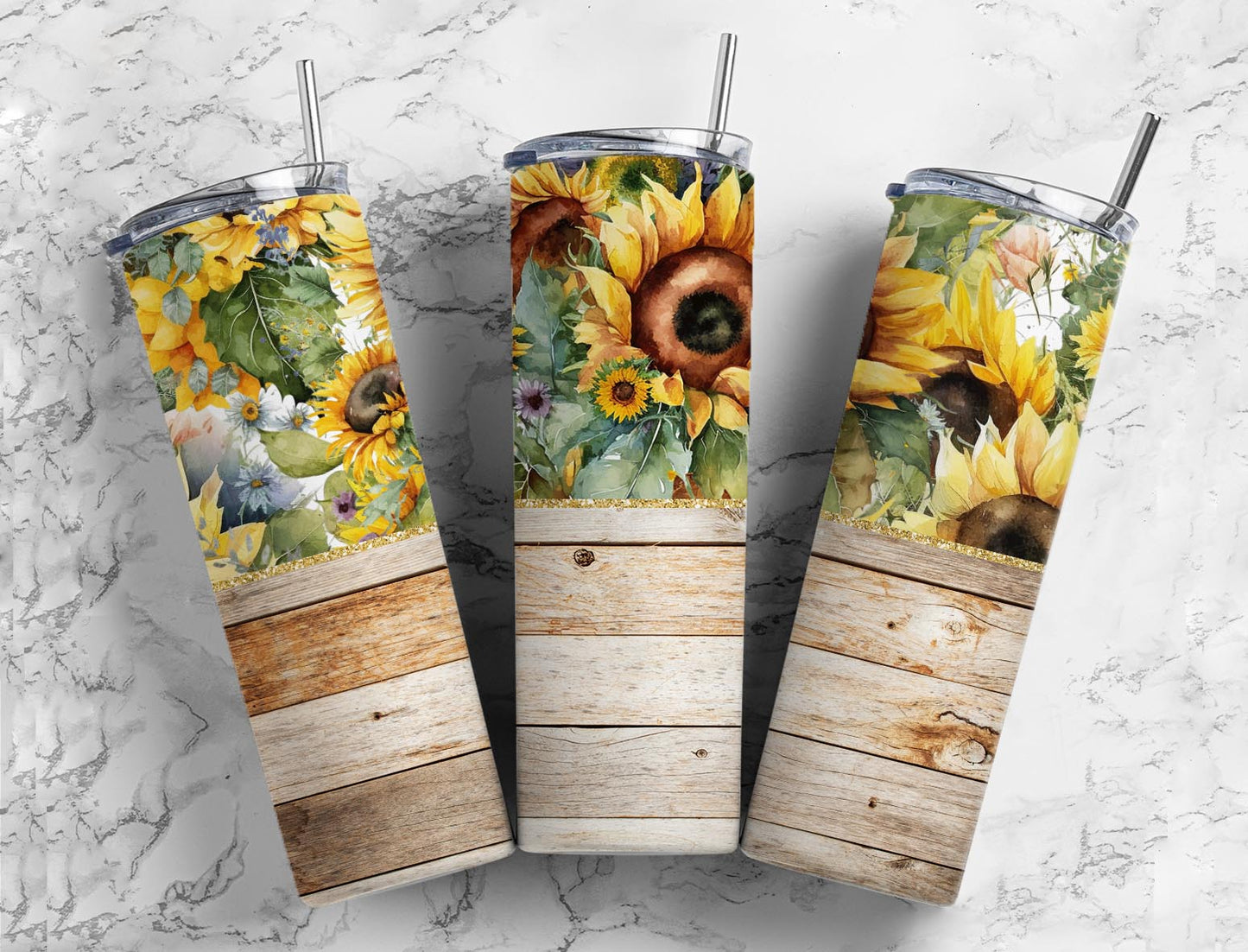 Woodgrain Sunflower  20oz Sublimation Tumbler Designs, rustic chic 9.2 x 8.3” Straight Skinny Tumbler Wrap PNG