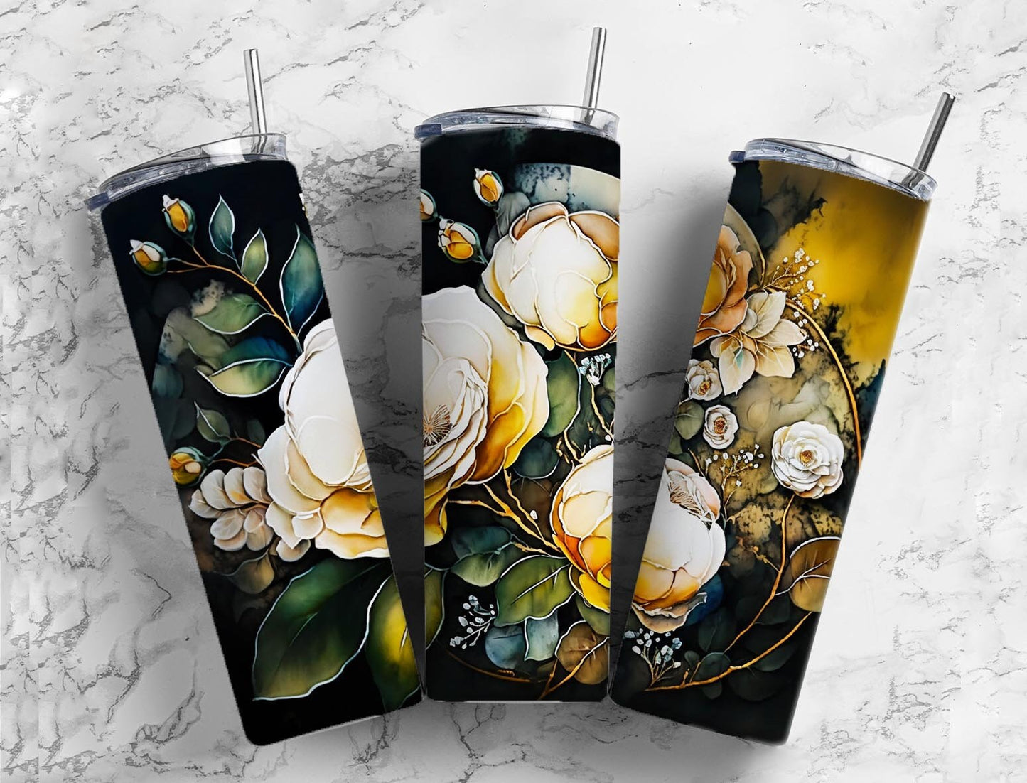 White floral 20oz Sublimation Tumbler Designs, Flower botanical 9.2 x 8.3” Straight Skinny Tumbler Wrap PNG