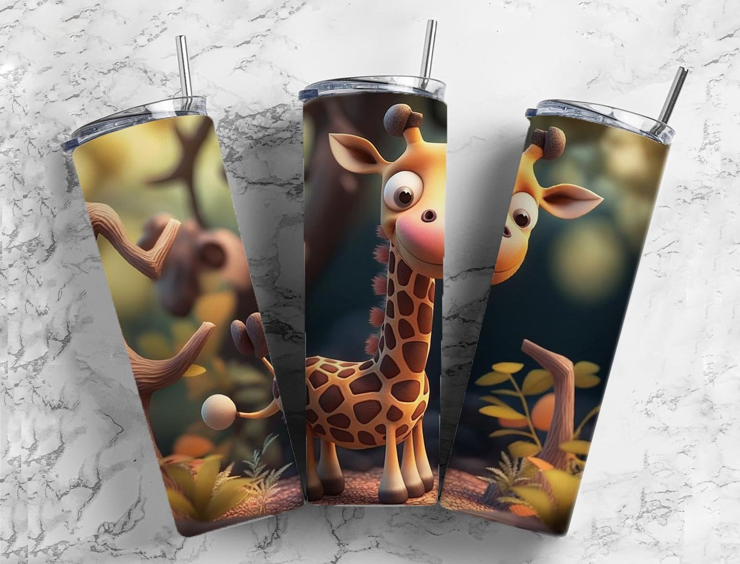 Cartoon giraffe 20oz Sublimation Tumbler Designs, Forest trees 9.2 x 8.3” Straight Skinny Tumbler Wrap PNG