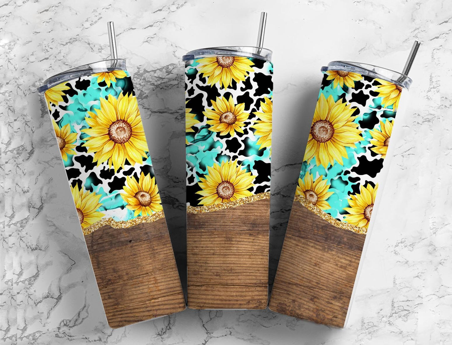 Turquoise Sunflower 20oz Sublimation Tumbler Designs, Teal Leopard Print 9.2 x 8.3” Straight Skinny Tumbler Wrap PNG