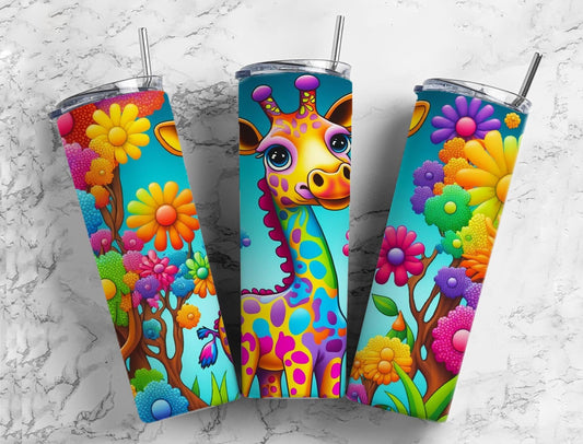 Cartoon giraffe 20oz Sublimation Tumbler Designs, Rainbow floral 9.2 x 8.3” Straight Skinny Tumbler Wrap PNG