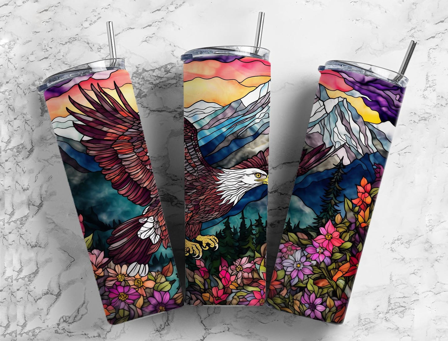 Eagle floral 20oz Sublimation Tumbler Designs, Mountain landscape 9.2 x 8.3” Straight Skinny Tumbler Wrap PNG