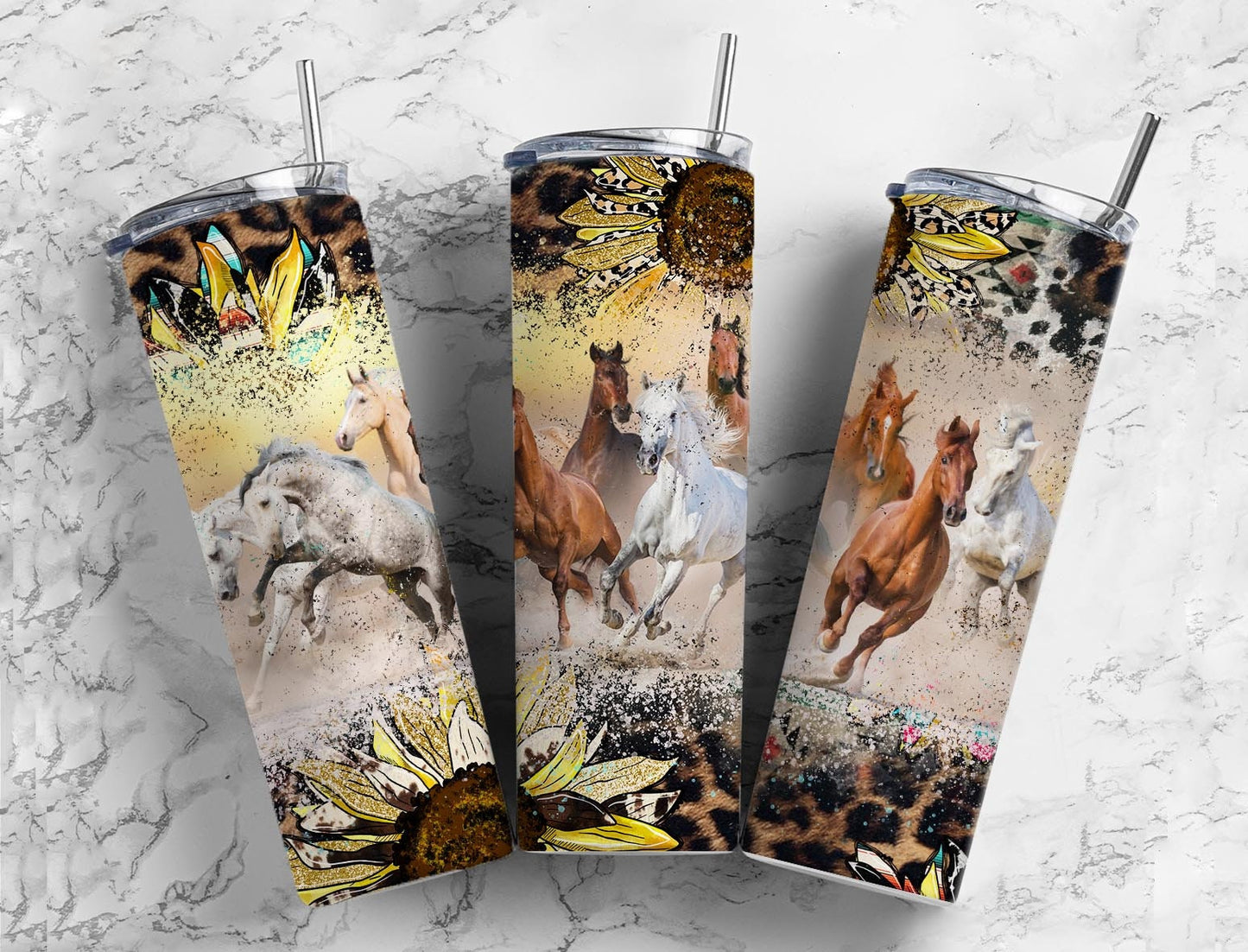 Sunflower Horse 20oz Sublimation Tumbler Designs, Aztec Country Western 9.2 x 8.3” Straight Skinny Tumbler, Horse Lover Wrap PNG