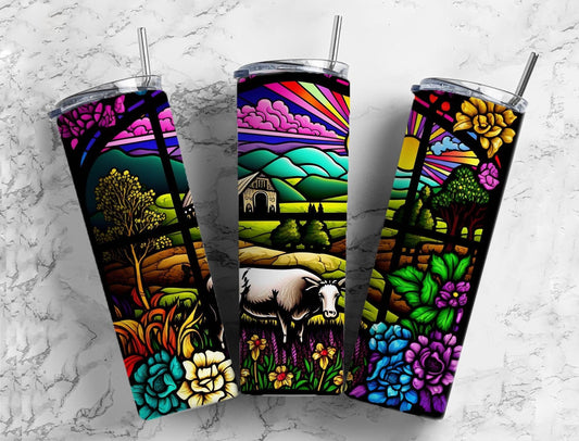 Stained glass farmland 20oz Sublimation Tumbler Designs, Rainbow cow 9.2 x 8.3” Straight Skinny Tumbler Wrap