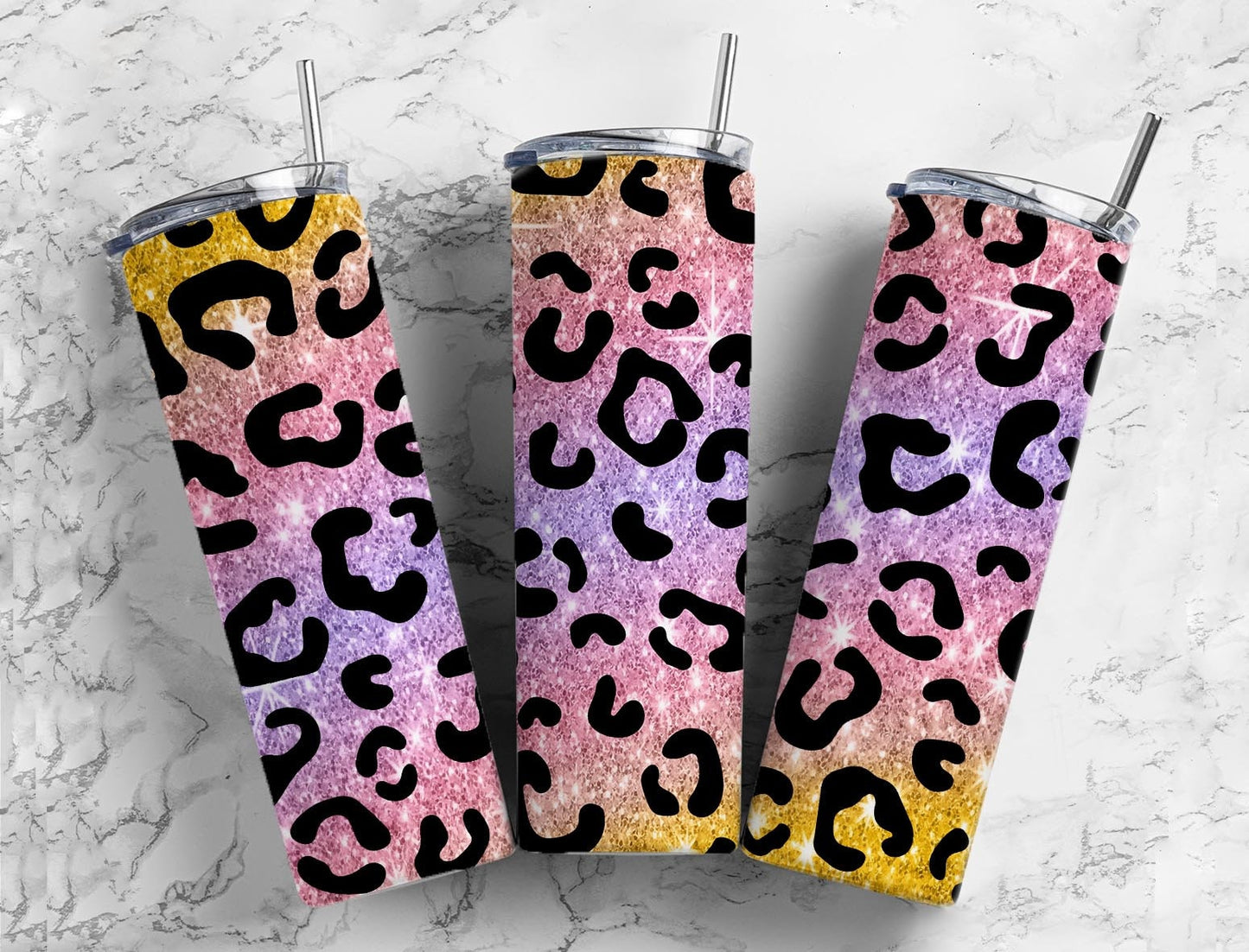 Purple and yellow glitter gradient 20oz Sublimation Tumbler Designs, Leopard print 9.2 x 8.3” Straight Skinny Tumbler Wrap PNG