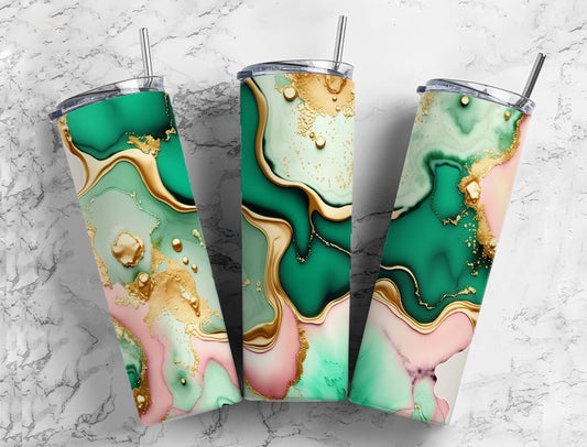 Pink green and gold 20oz Sublimation Tumbler Designs, Acrylic pour 9.2 x 8.3” Straight Skinny Tumbler Wrap PNG