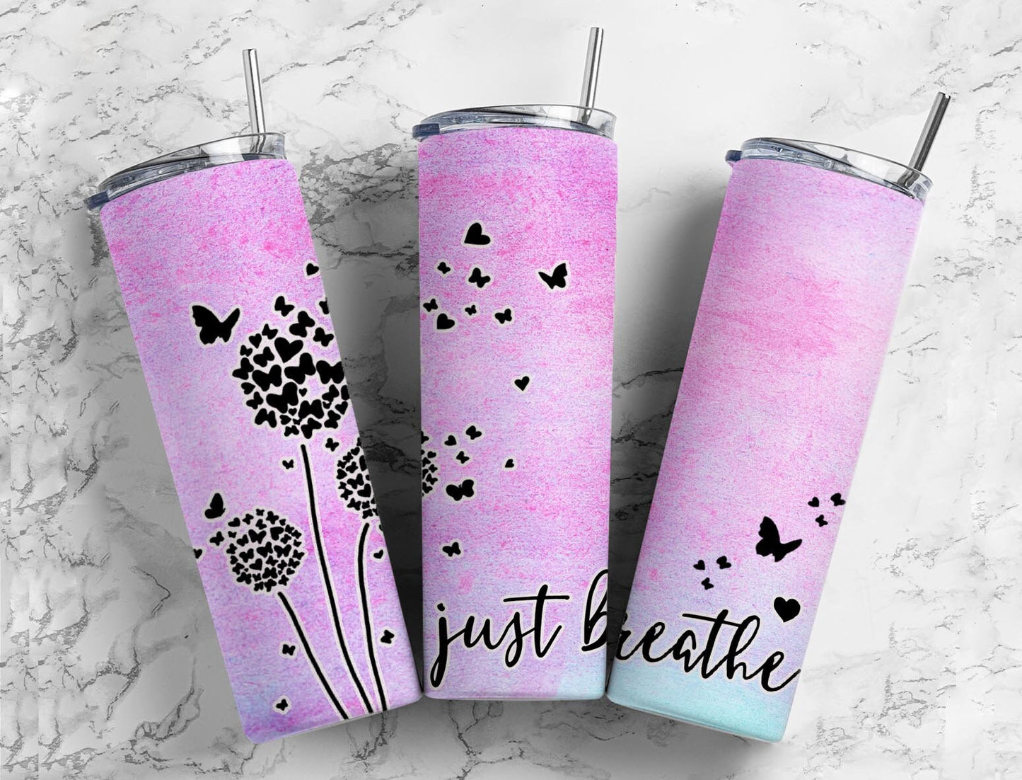 Dandelion Just Breathe 20oz Sublimation Tumbler Designs, Watercolor butterfly 9.2 x 8.3” Straight Skinny Tumbler Wrap PNG, Inspirational PNG