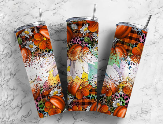 Pumpkin Fall 20oz Sublimation Tumbler Designs, Daisy Pumpkin 9.2 x 8.3” Straight Skinny Tumbler Wrap, Country Western PNG, Orange Tartan