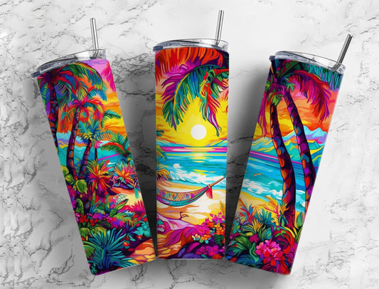 sunset ocean 20oz Sublimation Tumbler Designs, beach palm trees 9.2 x 8.3” Straight Skinny Tumbler Wrap PNG