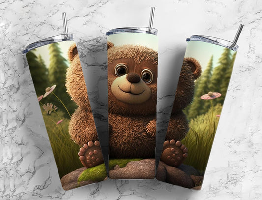 Cartoon bear 20oz Sublimation Tumbler Designs, Forest landscape 9.2 x 8.3” Straight Skinny Tumbler Wrap PNG