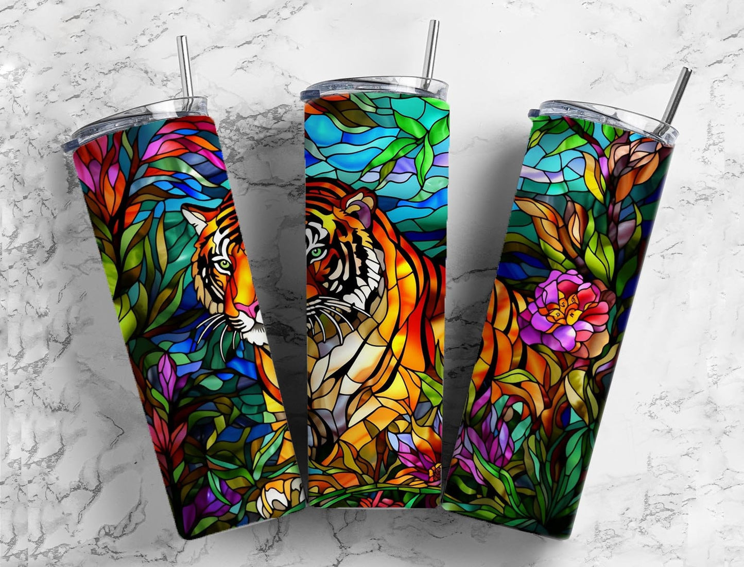 Tiger floral 20oz Sublimation Tumbler Designs, Stained glass 9.2 x 8.3” Straight Skinny Tumbler Wrap PNG