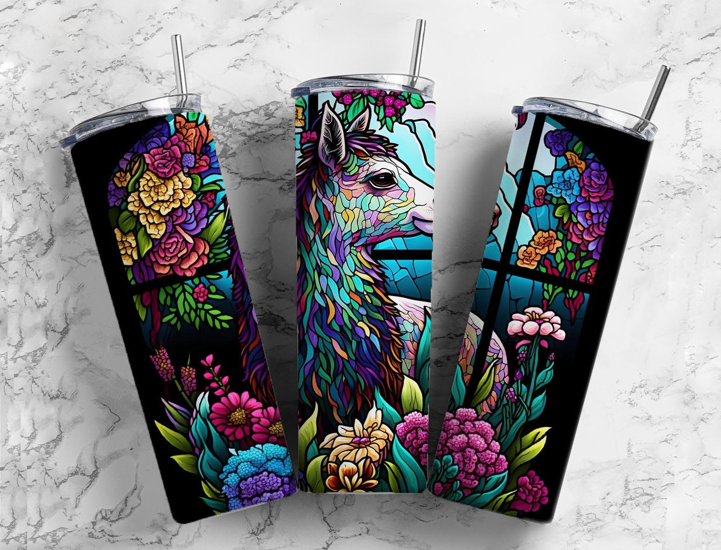 Stained glass llama 20oz Sublimation Tumbler Designs, neon rainbow 9.2 x 8.3” Straight Skinny Tumbler Wrap