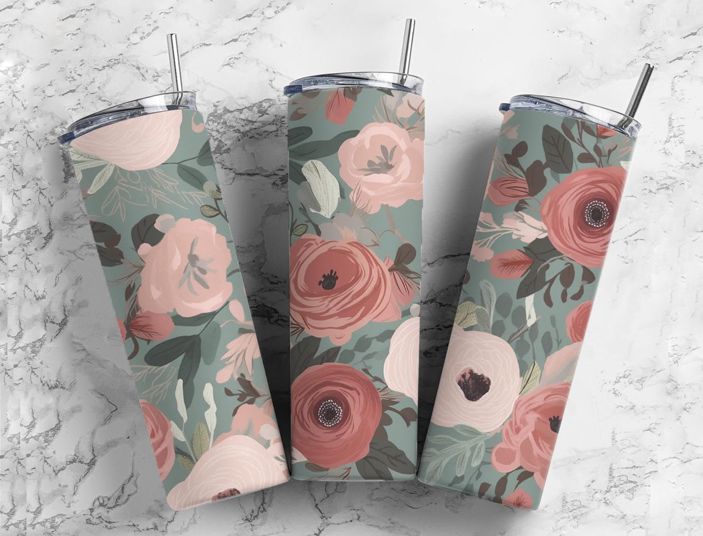 Soft floral 20oz Sublimation Tumbler Designs, botanical 9.2 x 8.3” Straight Skinny Tumbler Wrap PNG