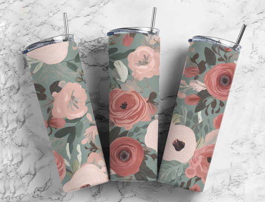 Soft floral 20oz Sublimation Tumbler Designs, botanical 9.2 x 8.3” Straight Skinny Tumbler Wrap PNG